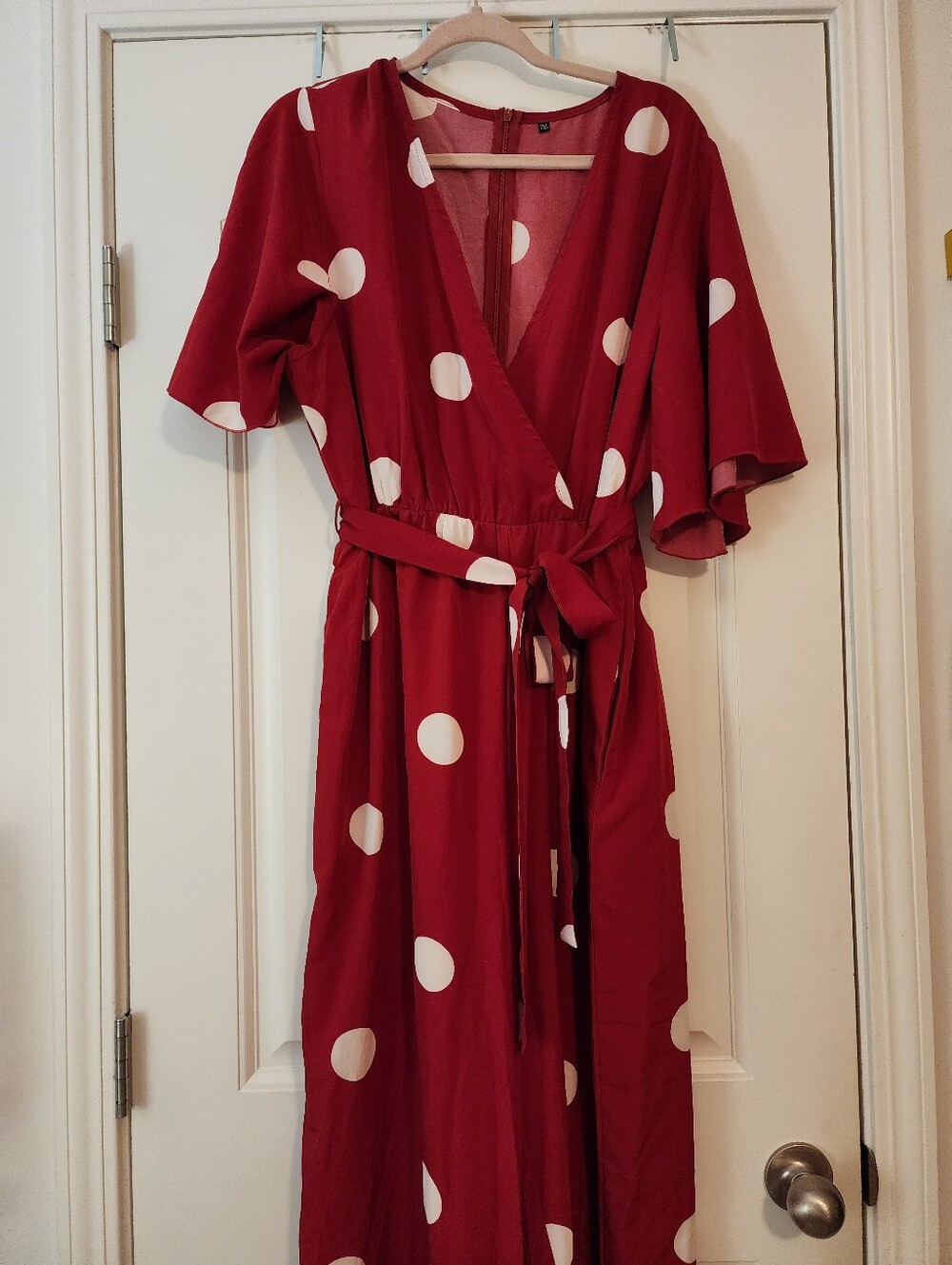Red Polka Dot V-Neck Wrap Front Palazzo Jumpsuit 2X Flutter Sleeve NWOT Zipper